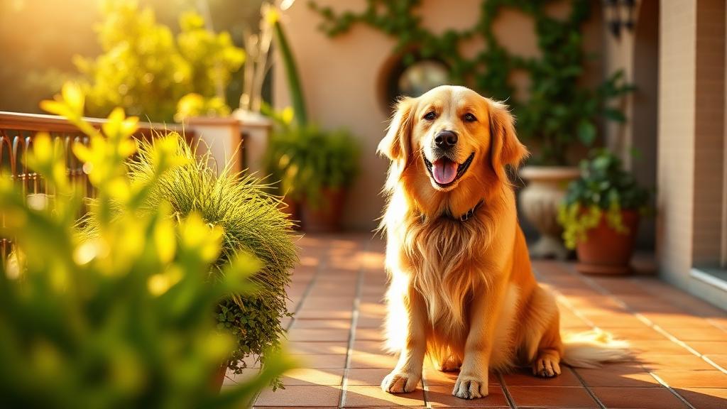 Perro feliz en terraza mediterránea de Mas Alba
