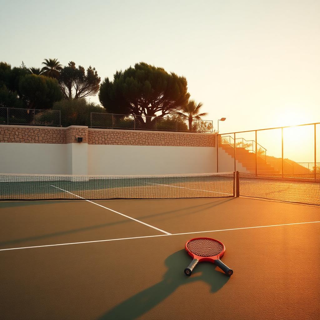 Pista de tenis al atardecer en Mas Alba